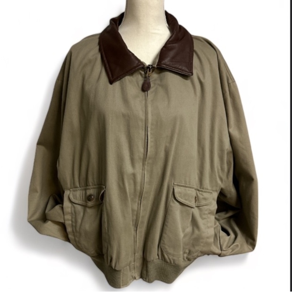 Oakton Limited Bomber Khaki and Leather Collar Jacket W Pockets Zipper Size XL